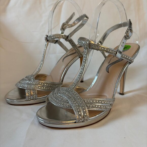 Nina Metallic Silver & Rhinestone High Heel Slingback Sandals Size 9.5M - Picture 1 of 13